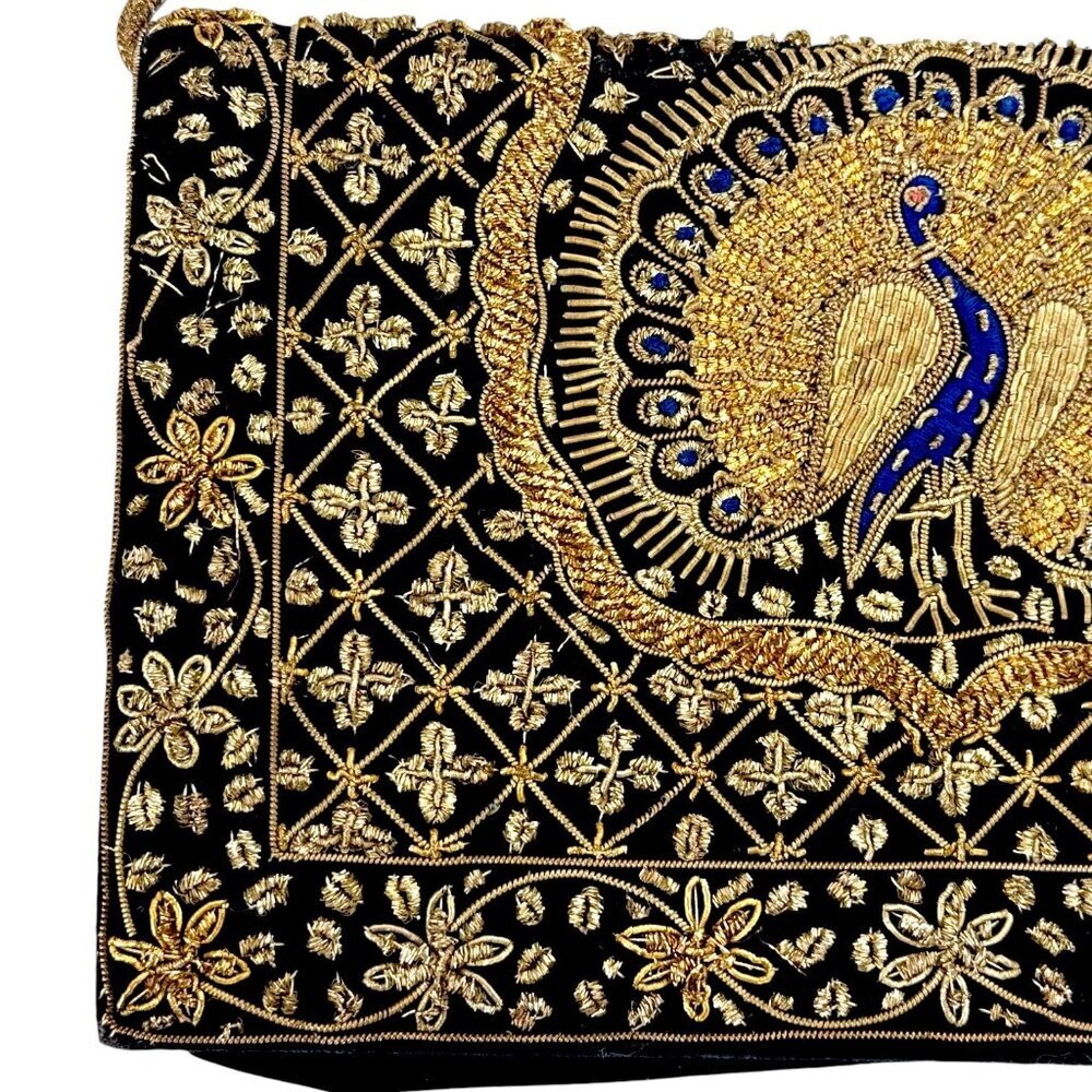 Vintage Black Velvet Peacock Gold Embroidered Beaded Floral Evening Bag Clutch - Picture 14 of 16